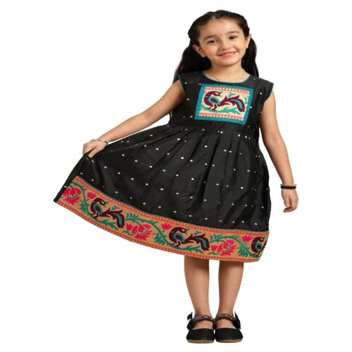 Paithani Baby Girl Frock – Black Silk with Temple Motif Design & Zari Border - Diamond Pattern