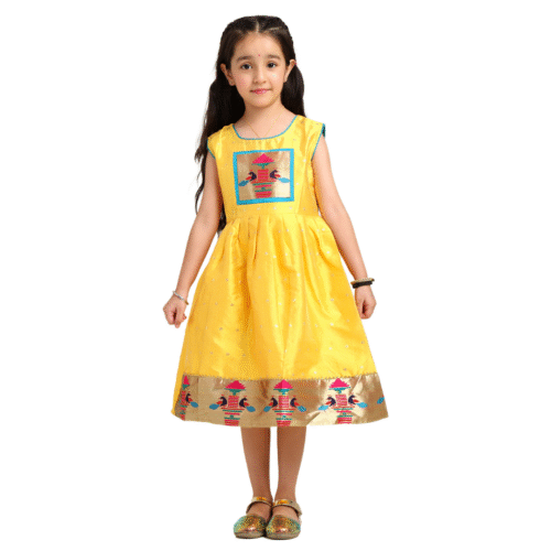Paithani Baby Girl Frock – Mango Silk with Temple Motif Border
